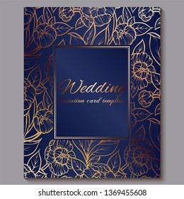 Exquisite royal luxury wedding invitation, gold on blue background with frame and place for text, lacy foliage made of roses or peonies with golden shiny gradient