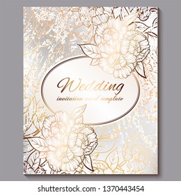 Exquisite royal luxury wedding invitation, gold on white background with frame and place for text, lacy foliage made of roses or peonies with golden shiny gradient