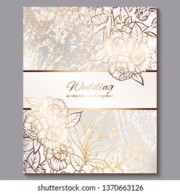 Exquisite royal luxury wedding invitation, gold on white background with frame and place for text, lacy foliage made of roses or peonies with golden shiny gradient