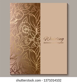 Exquisite royal luxury wedding invitation, gold floral background with frame and place for text, lacy foliage made of roses or peonies with golden shiny gradient