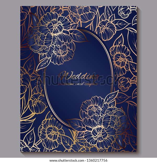Exquisite royal luxury wedding\
invitation, gold on blue background with frame and place for text,\
lacy foliage made of roses or peonies with golden shiny\
gradient