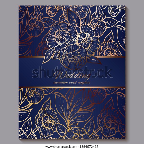 Exquisite royal luxury wedding
invitation, gold on blue background with frame and place for text,
lacy foliage made of roses or peonies with golden shiny
gradient