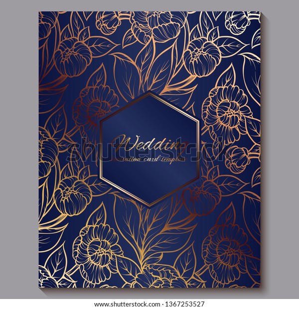 Exquisite royal luxury wedding\
invitation, gold on blue background with frame and place for text,\
lacy foliage made of roses or peonies with golden shiny\
gradient