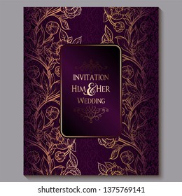 Exquisite royal purple luxury wedding invitation, gold floral background with frame and place for text, lacy foliage made of roses or peonies with golden shiny gradient