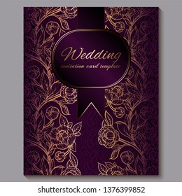Exquisite royal purple luxury wedding invitation, gold floral background with frame and place for text, lacy foliage made of roses or peonies with golden shiny gradient