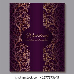Exquisite royal purple luxury wedding invitation, gold floral background with frame and place for text, lacy foliage made of roses or peonies with golden shiny gradient