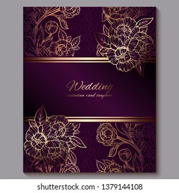 Exquisite royal purple luxury wedding invitation, gold floral background with frame and place for text, lacy foliage made of roses or peonies with golden shiny gradient