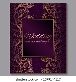 Exquisite royal purple luxury wedding invitation, gold floral background with frame and place for text, lacy foliage made of roses or peonies with golden shiny gradient
