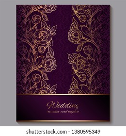 Exquisite royal purple luxury wedding invitation, gold floral background with frame and place for text, lacy foliage made of roses or peonies with golden shiny gradient