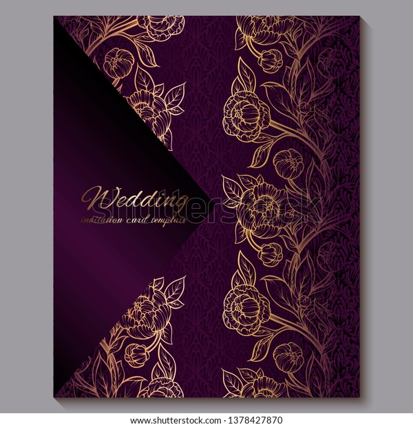 Exquisite royal purple luxury\
wedding invitation, gold floral background with frame and place for\
text, lacy foliage made of roses or peonies with golden shiny\
gradient