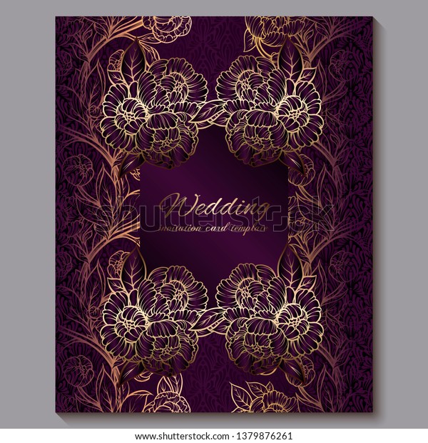 Exquisite royal purple luxury\
wedding invitation, gold floral background with frame and place for\
text, lacy foliage made of roses or peonies with golden shiny\
gradient