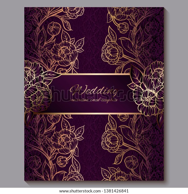 Exquisite royal purple luxury
wedding invitation, gold floral background with frame and place for
text, lacy foliage made of roses or peonies with golden shiny
gradient
