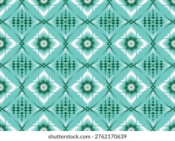 An exquisite seamless design featuring a harmonious blend of aquamarine and deep turquoise hues. The intricate repeating diamond frames and floral-inspired Ikat centers create a calm yet sophisticated aesthetic, perfect for luxury packaging, high-fashion silk apparel, and upscale interior wallpaper.