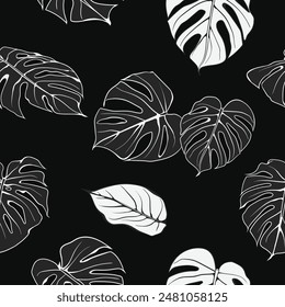 An exquisite seamless pattern consisting of hand-drawn gray leaves with added white patterns on a black background. This minimalistic vector element will give your design work a modern look.