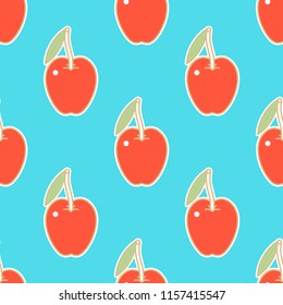 Exquisite seamless pattern of tender red apples with branch and leaf. On blue background.