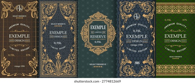 Exquisite set of design templates for label and package of whiskey, brandy, rum, cognac, wine. Perfect art deco, art nouveau style.