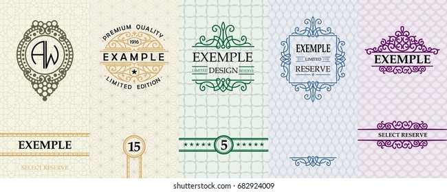 Exquisite set of design templates for label and package of Whiskey, wine, rum, liqueurs, vodka.