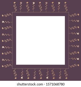 An exquisite square frame of roses and abstract flowers attached to a golden contour figure on an elegant purple background with blank space in the middle. For home decor, cards, invitations. Vector.