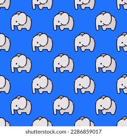 Exquisite square tile adorned with an amusing animal portrait. Seamless pattern with elephant on blue (crayola) background. Design for a set of stickers with animal graphics.