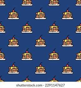 Exquisite square tile adorned with an amusing food portrait. Seamless pattern with pancake on dark slate gray background. Design for websites to make them visually interesting.