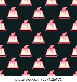 Exquisite square tile adorned with an amusing food portrait. Seamless pattern with pudding on medium turquoise background. Design for a durable wrap for burritos.