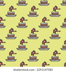 Exquisite Square tile with an enchanting food drawing. Seamless pattern with fondue on dark lavender background. Design for a flexible wrap for sushi.