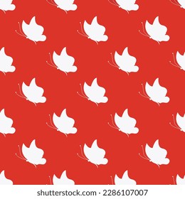 Exquisite square tile with a jolly animal painting. Seamless pattern with butterfly black shape facing left on persian red background. Design for a notebook with an animal print.