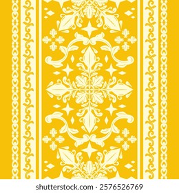 Exquisite Starry Shine Bright Royal Gold Florals Border Decoration on Yellow Background. Opulence Timeless Wealth Scroll Ornament Geometric Embroidery Seamless Pattern Design for Haute Couture Apparel