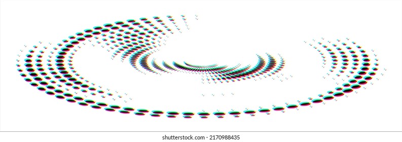 Exquisite swirling elongated polka dots logo (helix, scroll, loop) with CMYK shift glitch effect or with confetti effect. Halftone dotted. Vector.