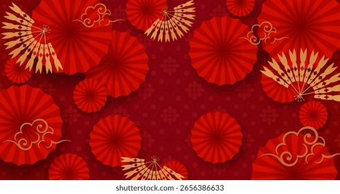 Exquisito fondo texturizado en rojo con un abanico dorado