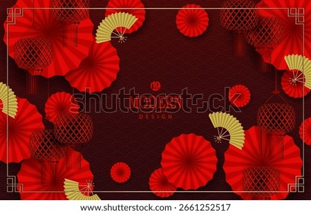Exquisite textured design in red with Chinese golden fans