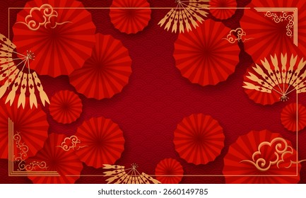 Exquisito diseño texturizado en rojo con abanicos dorados
