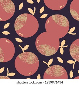 Exquisite, textured red apples on purple background, seamless pattern.