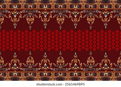 Exquisite Thai Art Design with Gold and Red Floral Motifs, Ornamental Details, and Intricate Symmetry on a Deep Maroon Background - Perfect for Textiles, Home Decor, and Cultural Projects