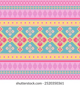 Exquisite Traditional Ethnic Pate with Flower Ornament Seamless Pattern Vector illustration. Pink, Blue, Beige, Kebaya, Batik, Thai Southern, Melaka Geometric Design.