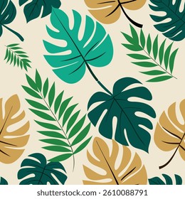 Exquisite Tropical Leaf Pattern in Vibrant Green, Teal, and Mustard