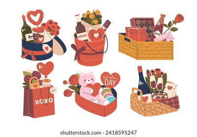 Exquisite Valentines Day Gifts Vector Sets. Indulge In Love With Elegant Packaging, Curated For Romance