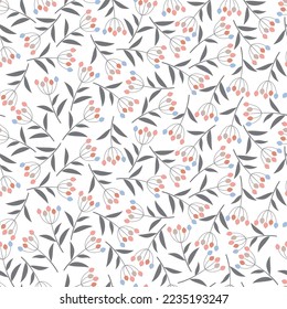 Exquisite vector ditsy floral seamless surface pattern design of abstract branches, leaves and berries. Allover printed foliage arrangement. Aesthetic tileable foliate repeating textured background.