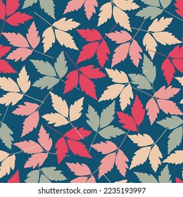 Exquisite vector ditsy floral seamless surface pattern design of abstract branches and leaves. Allover printed foliage arrangement. Aesthetic tileable foliate repeating texture with navy background.