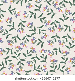 Exquisite vector doodle floral seamless pattern. Design branches, leaves and berries. Spring or summer print for fabric, wrapping, textile, wallpaper, card, paper gift, phone case, stationery.