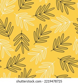 Exquisite vector floral seamless surface pattern. Aesthetic bunch of white and black leaves outlines. Allover dainty multicolor foliate arrangement. Foliage repeating texture with yellow background.