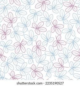 Exquisite vector floral seamless surface pattern. Aesthetic blue and purple leaves outlines. Allover dainty multicolor foliate arrangement. Foliage repeating texture with white background.