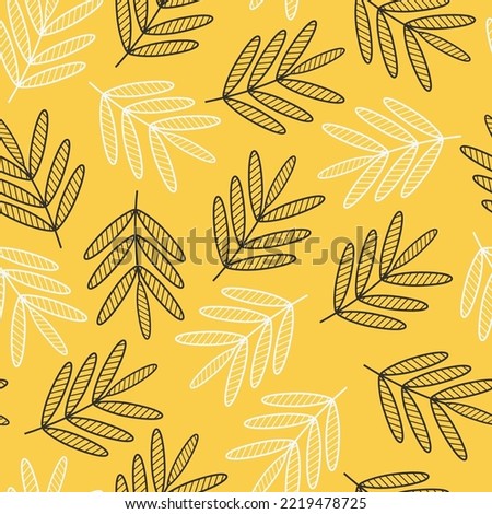 Exquisite vector floral seamless surface pattern. Aesthetic bunch of white and black leaves outlines. Allover dainty multicolor foliate arrangement. Foliage repeating texture with yellow background.