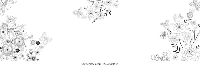 Exquisite vector illustration featuring elegant black flowers intertwined with delicate butterflies. This monochromatic design captures the essence of nature's beauty, contrasting the dark hues.