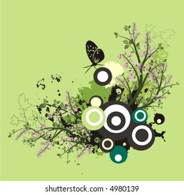 Exquisite vector illustration series. Floral foliage background with a butterflys.