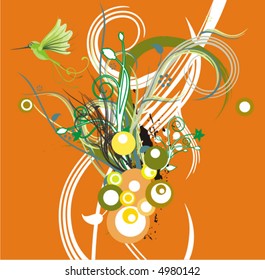 Exquisite vector illustration series. Floral foliage background with a humming bird.