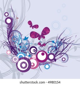 Exquisite vector illustration series. Floral foliage background with butterflies.
