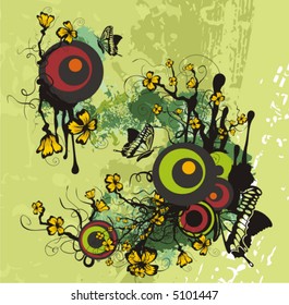 Exquisite vector illustration series. Floral foliage background with butterflies.