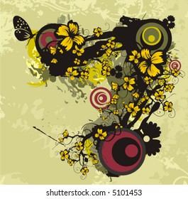 Exquisite vector illustration series. Floral foliage background with a butterfly.