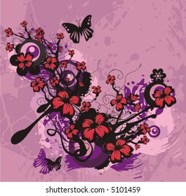 Exquisite vector illustration series. Floral foliage background with butterflies.